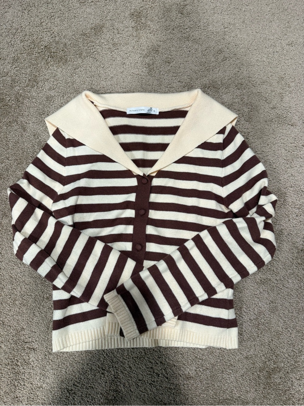 Altar'd State Cream and Brown Striped Collared Button Cardigan